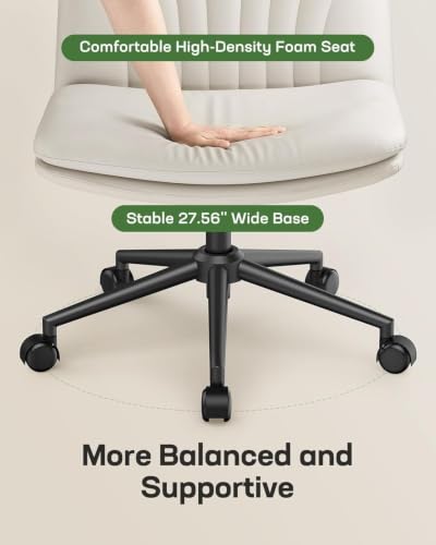 Marsail Criss Cross Chair with Wheels: PU Leather Cross Legged Office Chair Wide Armless Desk Chair Swivel Height Adjustable Vanity Chair for Make Up,Small Space,Bed Room(Beige) - color: Beige
