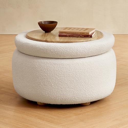 mopio Luna Round Ottoman with Storage and Tray, Round Coffee Table with Storage, Upholstered Foot Stools Ottoman for Living Room, Bedroom, with Solid Rubberwood Legs (Pearl White Performance Boucle) - color: White Boucle, Round