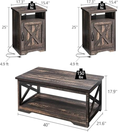 3 Piece Living Room Table Set with Barn Door, Black Oak | Includes Coffee Table and 2 End Tables, Charging Station &USB Ports, Rustic Farmhouse Style, Living Room Furniture Set - color: Black Oak