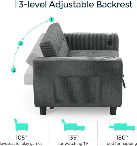 LINSY Sleeper Sofa Bed, 54" Pull Out Couch with Charging Station & Cup Holder, Small 3 in 1 Convertible Loveseat Sleeper Couch for Apartment, Dorm Room, Bedroom and Small Space, Gray - color: Dark Gray