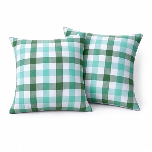 Native Fab Throw Pillow Covers 2 Pack, 18x18 Inches, 100% Cotton, Coastal Check Pattern, Soft, Decorative Square Cushion Cases, Fresh Beach House Decor for Bedroom, Living Room, Sofa, Seafoam & Mint - color: Gingham Coastal Seafoam & Mint Green, size: 18"