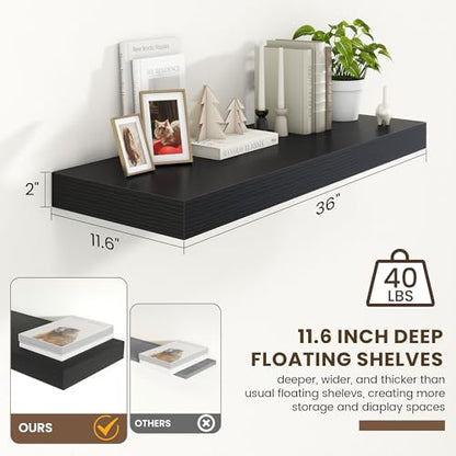 Deep Floating Shelves, 36'' x 12'' Black Shelves for Wall Set of 1 | Invisible Brackets, Engineered Wood, Mounting Hardware Included, 55LBS, Bathroom, Laundry Room, Kitchen, Living Room - color: Black, size: 35.6W x 11.6D x 2H, 1 Pack