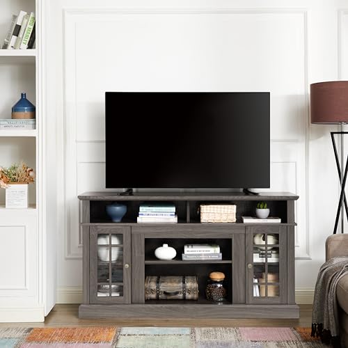 Dark Walnut TV Stand 58 in with Glass Doors, Wood Entertainment Center for TVs up to 65 inch, Tall Media Console with Adjustable Shelves and Cable Management for Living Room, Black Accents - color: Black + Dark Walnut