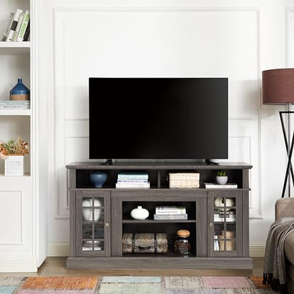 Dark Walnut TV Stand 58 in with Glass Doors, Wood Entertainment Center for TVs up to 65 inch, Tall Media Console with Adjustable Shelves and Cable Management for Living Room, Black Accents - color: Black + Dark Walnut
