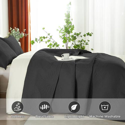 WURUIBO Twin Quilt Set Black,Ultrasonic Embossed Bedspread, Lightweight Microfiber Coverlet, Modern Thin Bedding Set for All Season, 2 Piece(1 Quilt,1 Pillow Shams) - color: Black, size: Twin(68"x88")
