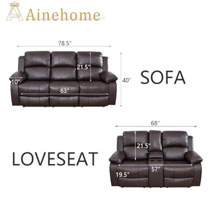 A Ainehome Living Room Furniture Set Leather Recliner Sofa Set Loveseat Chair Furniture Sofa Set for Living Room/Small Space/Rv/House/Office/Theater Seating (A-Brown Leather, Sofa+Loveseat) - color: A-brown Leather, size: Sofa+Loveseat