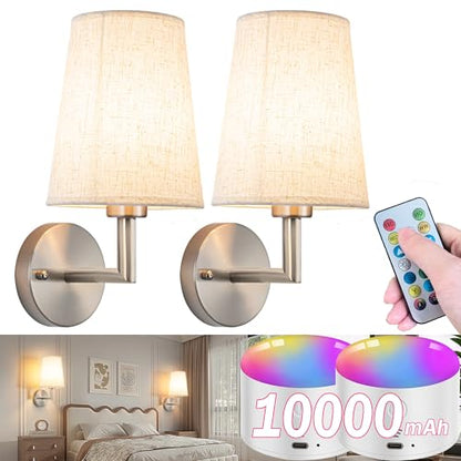 Wall Sconce Battery Operated Wall Light Fixure with Remote Control, Dimmable Battery Operated Wall Sconces Set Of Two, Indoor Wireless Wall Mounted Lamp with Rechargable Bulb For Bedroom Living Room - color: Nickel-SetOfTwo