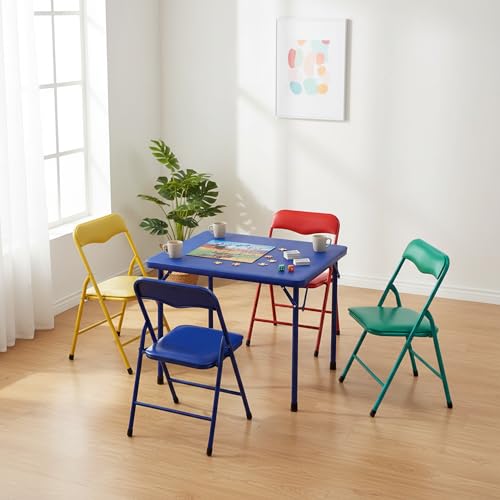 FurnitureR 5-Piece Folding Table and Chair Set, Compact Square Activity Table with 4 Folding Chairs, Sturdy Metal Frame, Flat-Fold Design for Game Room, Crafts, Family Activities