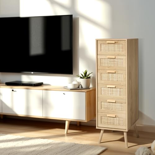 Finnhomy Rattan Dresser for Bedroom, Tall Dresser with 6 Hand Made Rattan Decorated Drawers, Small Chest of Drawers for Living Room, Closet, Hallway, Natural - size: 15.5"D x 15.7"W x 49"H (6 Drawers)