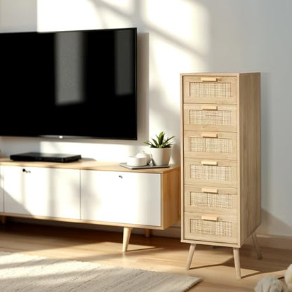 Finnhomy Rattan Dresser for Bedroom, Tall Dresser with 6 Hand Made Rattan Decorated Drawers, Small Chest of Drawers for Living Room, Closet, Hallway, Natural - size: 15.5"D x 15.7"W x 49"H (6 Drawers)
