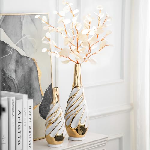 Yundu Gold with White Vase Set of 2 | Pampas Grass Vase, Ceramic, Boho & Modern Centerpieces, Living Room, Shelf, Coffee, Home Decor - color: White With Gold