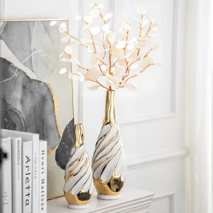 Yundu Gold with White Vase Set of 2 | Pampas Grass Vase, Ceramic, Boho & Modern Centerpieces, Living Room, Shelf, Coffee, Home Decor - color: White With Gold