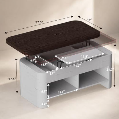 37.5" Lift Top Coffee Table with Storage, Farmhouse Coffee Table with Hidden Compartment & Open Shelf, Lifting Tabletop, for Living Room, Home Office - color: White-brown