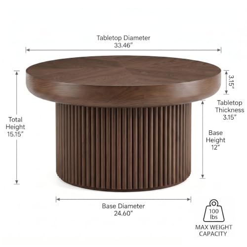 33.5" Round Coffee Table with Real Wood Parquet Top,Walnut | Mid-Century Modern Kitchen Table Center Table, Thickened Tabletop, Sturdy Base for living Room, Easy Assembly - color: E-33.5" Walnut