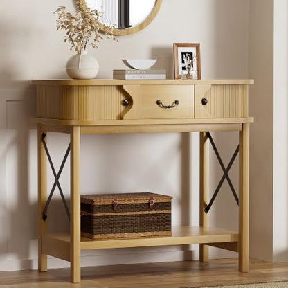 39'' Narrow Console Table, 2-Tier Entryway Sofa Table,Natural Wood | Narrow Entry Table with Drawer & Cabinets; Sturdy X-Frame, Slim Wood for Entryway, Hallway, Living Room & Behind Couch - color: Burywood
