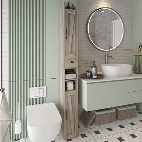 Bathroom Cabinet with Adjustable Shelf, Storage Cabinet for Small Space, Tall Bathroom Storage Cabinet with Retractable Toilet Paper Rod, Narrow Cabinet with 2 Doors, 8 Compartment, Brown Gray