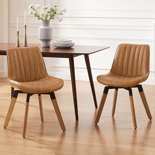 Mid Century Upholstered Swivel PU Dining Chairs Set of 2 Red Brown | 360° swivel curved foam-padded seat armless design dining room chairs accent chairs solid wood legs floor protection pads - color: Red Brown, size: Set of 2-PU