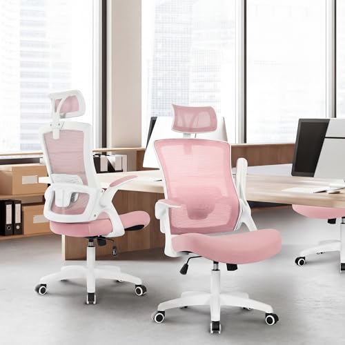 NEO CHAIR Office Desk Chair with Ergonomic High Back Mesh Headrest, Pink | Adjustable Headrest and Lumbar Support with Flip-Up Armrests Designed for Extended Sitting Comfort While Saving Space - color: Pink