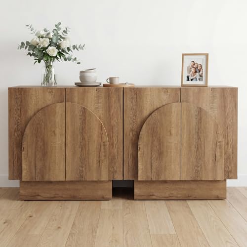 Ya-Home Natural Sideboard Buffet Cabinets with Storage, Modern Buffet Coffee Bar Table Stand Cabinets with Arched Doors, Farmhouse Wooden TV Media Console Table Credenza for Living Room/Entryway, 2PCS - color: Natural Rertro, size: Set of 2