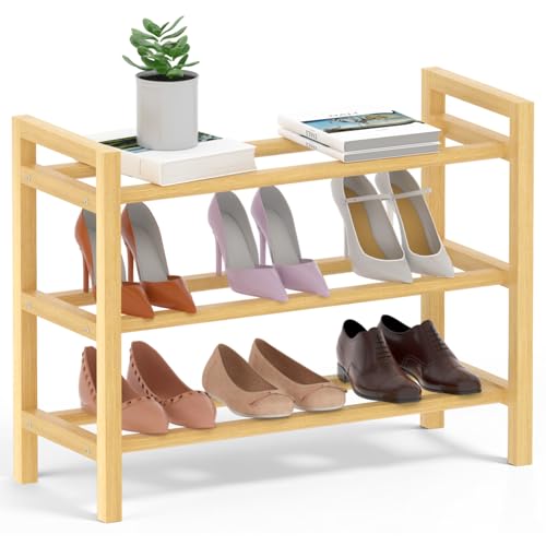 Bamboo Shoe Rack Free Standing Shoe Organizer Natural, 3-Tier(Small) | with Smooth Round Rods & Convenient Handles, Stackable Shoe Storage Shelf for Entryway, Hallway - color: Natural, size: 3-Tier(Small)
