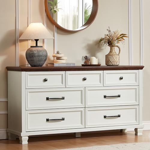 Farmhouse 7 Drawer Dresser for Bedroom, White | 54” Wide Horizontal Dressers & Chests of Drawers with Reinforced Top & Square Wooden Legs - color: White, size: 16"D x 54"W x 29"H (7 Drawers)