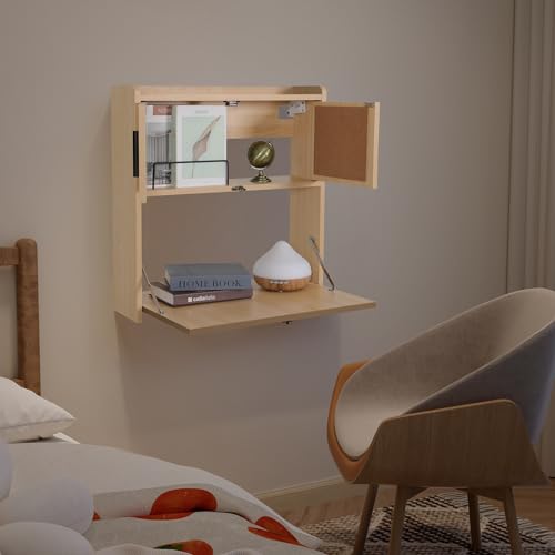 ARTETHYS Wall Mounted Desk Folding with LED Light Drop Down Hanging Desk | Multifunctional Fold Down Laptop Computer Table, Writing Workstation with Storage Compartments, Space Saving for Home - color: Wood