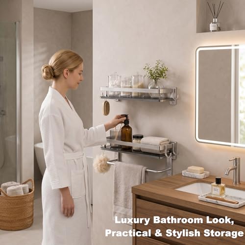 Glass Shelf for Bathroom 15.7 in Bathroom Shelves with Towel Bar Tempered Glass Shelves with 4 Removable Hooks for Wall（2 Tier） - color: Silver
