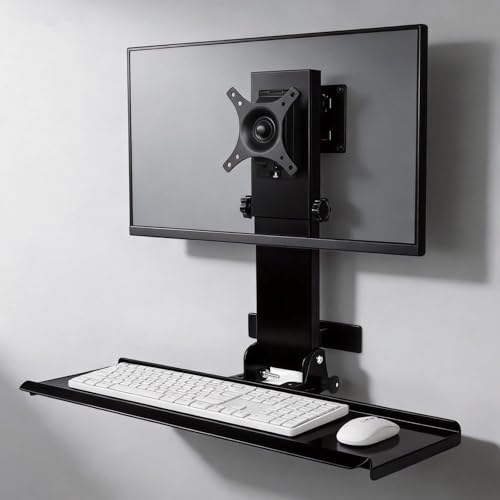 All-in-One Monitor Wall Mount with Keyboard Tray Set for Mac mini/Small PCs | Monitor and Keyboard Wall Mount Fits 17"-32" Screens VESA 75/100 | Foldable 26" Platform with Integrated Mouse Space - color: Glossy Black