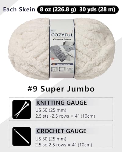 Cozyful Chunky Yarn for Hand Knitting, #9 Thick Jumbo Big Chunky Yarn for Crocheting, Super Chunky Knit Blanket Yarns, Large Chunky Chenille Yarns, 8 Pack (30 yds 8 oz Each Skein), Beige White - color: Beige White