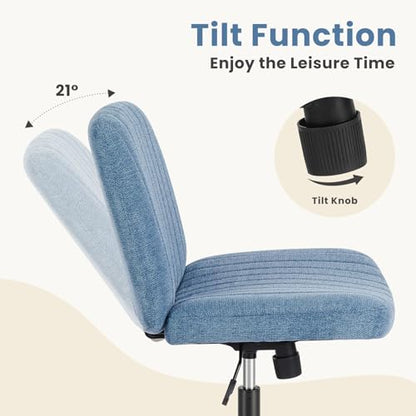 DUMOS Criss Cross Chair No Wheels Legged Office Wide Comfy Desk Vanity Chair, Armless Computer Task Seating, Swivel Home Height Adjustable for Bedroom, Study, Fabric, Blue No Wheel - color: Blue No Wheel