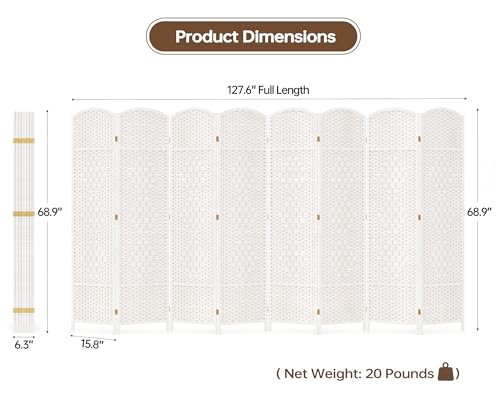 8 Panel Room Divider, 6 FT Wide Folding Screen Room Divider, Off White | Double Hinged Folding Screen Room Dividers for Patio Privacy - color: Off White, size: 8 Panels