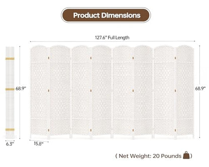 8 Panel Room Divider, 6 FT Wide Folding Screen Room Divider, Off White | Double Hinged Folding Screen Room Dividers for Patio Privacy - color: Off White, size: 8 Panels