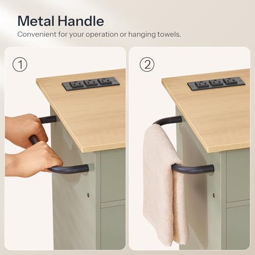 HOOBRO Kitchen Island with Power Outlet, Storage Island with Spice Rack and Drawer, Rolling Kitchen Cart on Wheels, for Home, Dining Room, Natural and Green JN82UZD01G1 - color: Natural + Green