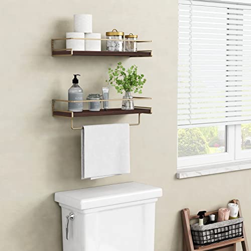 Floating Shelves Bathroom Shelves Over Toilet Set of 2, Bathroom Wall Shelves with Towel Bar, Wall Mounted Vanity Shelf for Bedroom, Kids Room, Kitchen (Brown & Gold) - color: 4. Brown-gold