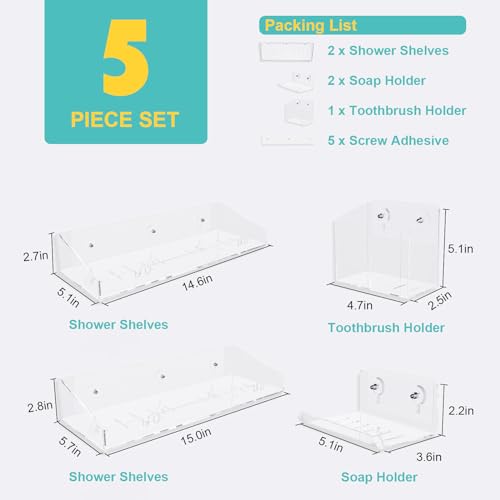 Bakzon Adhesive Shower Caddy, 5 Pack Acrylic Shower Shelves Bath Organizers With Large Capacity, No Drilling Shelves for Bathroom Storage - style: Shower Organizer-5 Pack
