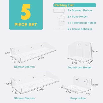 Bakzon Adhesive Shower Caddy, 5 Pack Acrylic Shower Shelves Bath Organizers With Large Capacity, No Drilling Shelves for Bathroom Storage - style: Shower Organizer-5 Pack