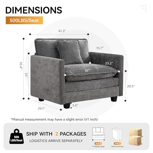WUTUTUEE 41'' Modern Chenille Oversized Chair, Upholstered Accent Living Room Chair with Extra Thicked Deep Seat, Single Lounge Chair for Bedroom, Small Apartment, Grey - color: Grey, size: 41'' Single Seat