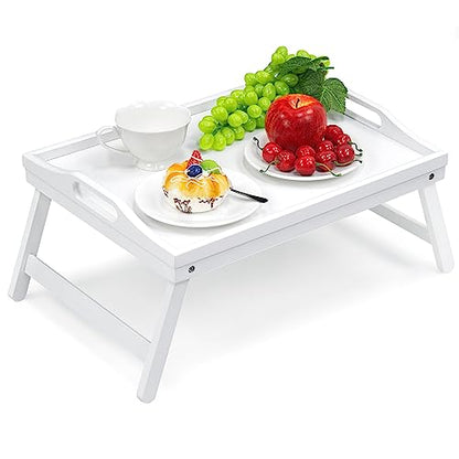 2 Pack Bed Tray Table Breakfast Trays Serving Tray Bamboo Bed Laptap with Folding Legs Handles and Phone Holders - color: White 2 Pack