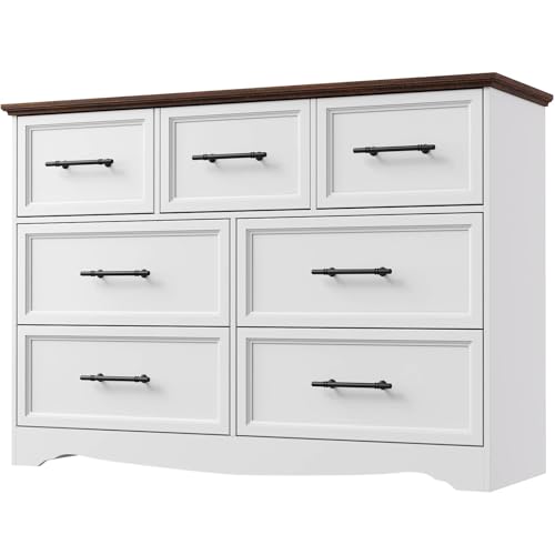 YANSNWO White 7 Drawer Dresser for Bedroom, 47" Wide Chest of Drawers | Brushed Metal Handles, Unique Base Design, Replicated Wood Grain Finish, Modern Farmhouse for Bedroom/Living Room/Hallway - color: White, size: 15.7"D x 47.2"W x 33.4"H (7 Drawers)