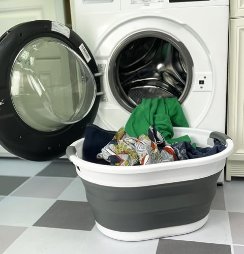 SAMMART Collapsible Plastic Oval Laundry Basket - Foldable Pop Up Storage Container/Organizer - Portable Washing Tub - Space Saving Hamper/Basket (White/Steel Grey, 32L) - color: White/Steel Grey, size: 32L