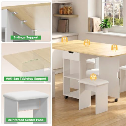 Mondeer 55" Folding Dining Table and Chairs Set 4, Cushioned Stools | 2 Drawers, Storage Shelves, Space Saving Table and Chairs for Kitchen Dining Room Small Spaces, Oak and White - color: Oak and White