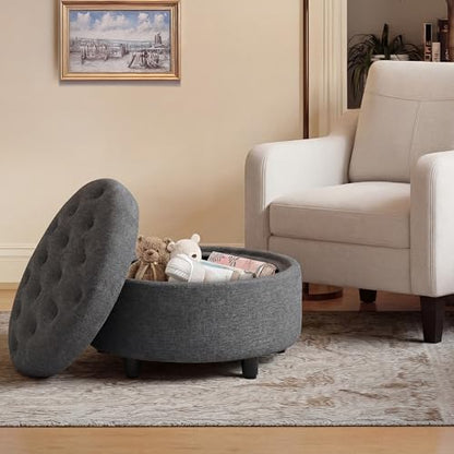 COLAMY Round Hidden Storage Ottoman with Reversible Tray Lid – Multi-Functional Footrest, Sturdy & Stylish Fabric Coffee Table for Living Room, Bedroom, or Entryway, Dark Grey - color: Dark Grey