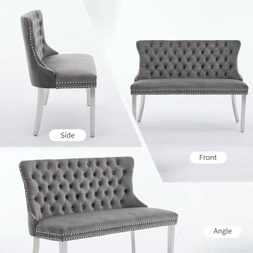 Grey Velvet Dining Bench with Back, Tufted Banquette Seating, Silver Legs | Upholstered loveseat bench; tufted back; nailhead trim; 500 lb capacity; foam and spring seat; dining room or entryway - color: Grey(silver Stainless Steel Legs)