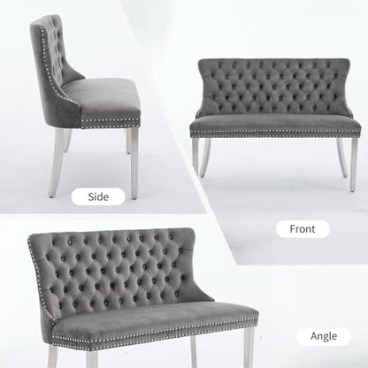 Grey Velvet Dining Bench with Back, Tufted Banquette Seating, Silver Legs | Upholstered loveseat bench; tufted back; nailhead trim; 500 lb capacity; foam and spring seat; dining room or entryway - color: Grey(silver Stainless Steel Legs)