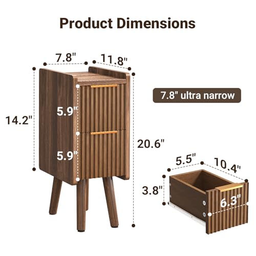 ELYKEN 7.9" Fluted Narrow Nightstand, 20.6" H Skinny Side Table, Walnut | Compact Design for Small Spaces, 2 Drawers, Wood Grain Finish, Perfect as Bedside Table, End Table or Sofa Side Table - color: Walnut-1 Pcs