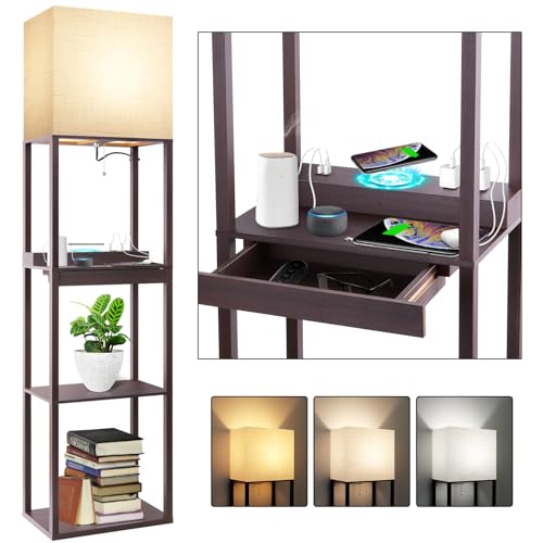 Floor Lamp with Shelves, Modern Standing Lamp with Wireless Charger, 1 Drawer and 2 USB Ports & 2 Power Outlet, 15W LED Bulb 3 Colors, Memory Function, Shelf Lamp for Living Room and Bedroom - color: Upgraded Plus- Walnut with Wireless Charger &USB Ports