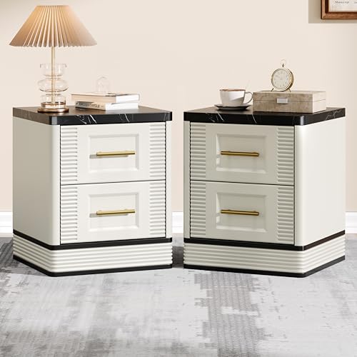 RECHHX Small Dresser for Bedroom, Farmhouse Marble-Effect Nightstand with 2 Drawer for Narrow Spaces, Thermoformed Curved End Table for Bedroom, Living Room, White