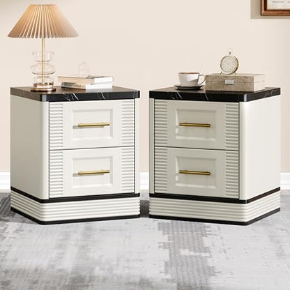 RECHHX Small Dresser for Bedroom, Farmhouse Marble-Effect Nightstand with 2 Drawer for Narrow Spaces, Thermoformed Curved End Table for Bedroom, Living Room, White