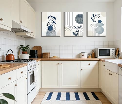 Frimeeme Blue Bohemain Framed Canvas Wall Art Set of 3,Abstract Geometric Line Wall Painting for Bedroom Bathroom, 12"x16" Inches,Framed - color: Framed - Blue Boho Canvas Wall Art, size: 12"L x 16"W x 3Pieces