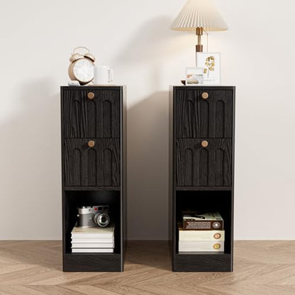 Black Small Nightstand Set of 2, Narrow Bedside Table with Arched Drawer, Wood Nightstand, Skinny Side End Table, Mid Century Modern Night Stand for Bedroom, Small Spaces, Slim, Boho - color: Z03-black-2 Pcs
